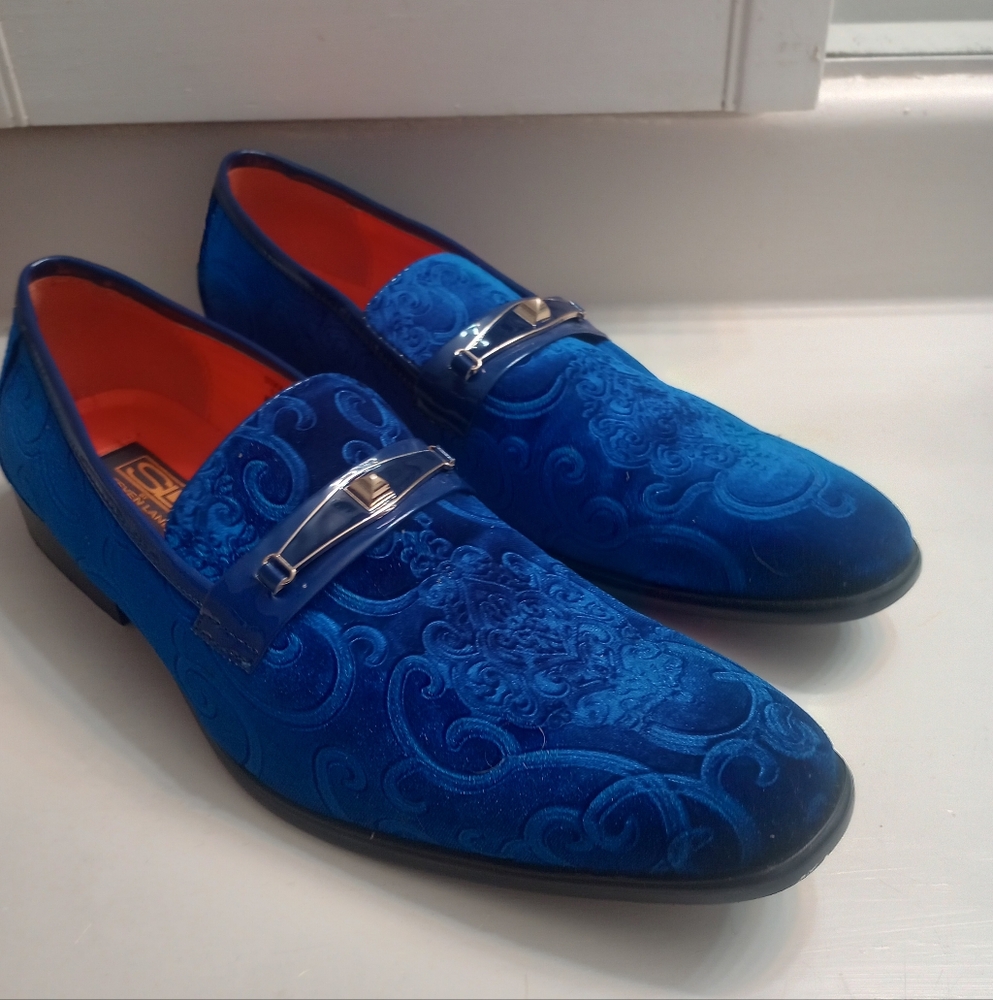 Blue Embossed Velvet Men's Slip-On Loafers